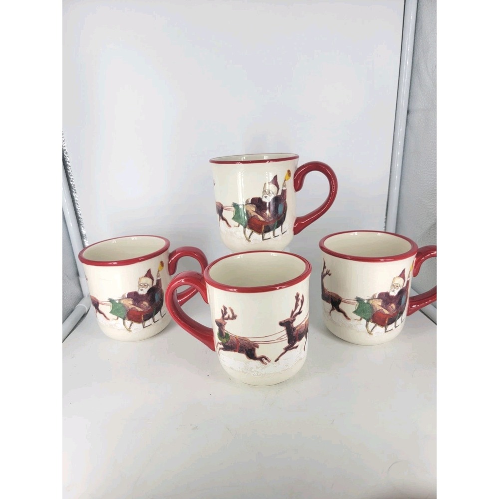 WILLIAMS-SONOMA 2011‎ Retired M Lacaze Santa & His Reindeer Christmas Mugs Set 4